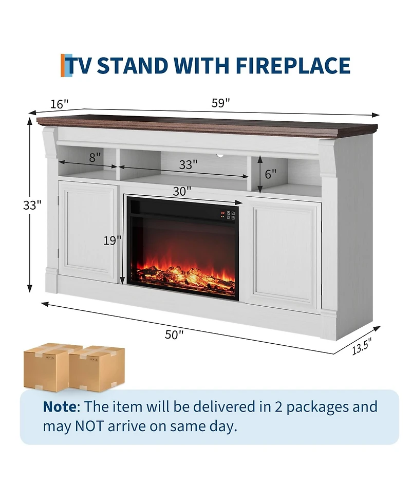 homfan 58" Farmhouse Fireplace Tv Stand, Entertainment Center with Open Storage Cabinets for TVs Up to 75", Media Console for Living Room