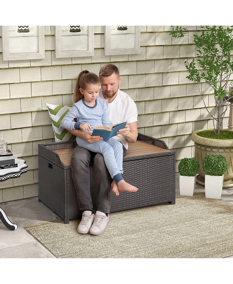 Gymax Patio Wicker Bench Deck Box with Acacia Wooden Seat Storage Bench Poolside Garden