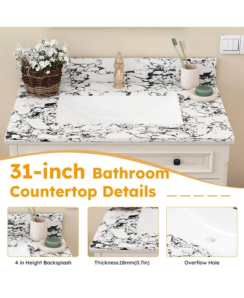 Sillysis 31/37/43 Inch Sintered Stone Bathroom Vanity Top with Ceramic Undermount Sink, Backsplash, Overflow, Stain Resistant Surface