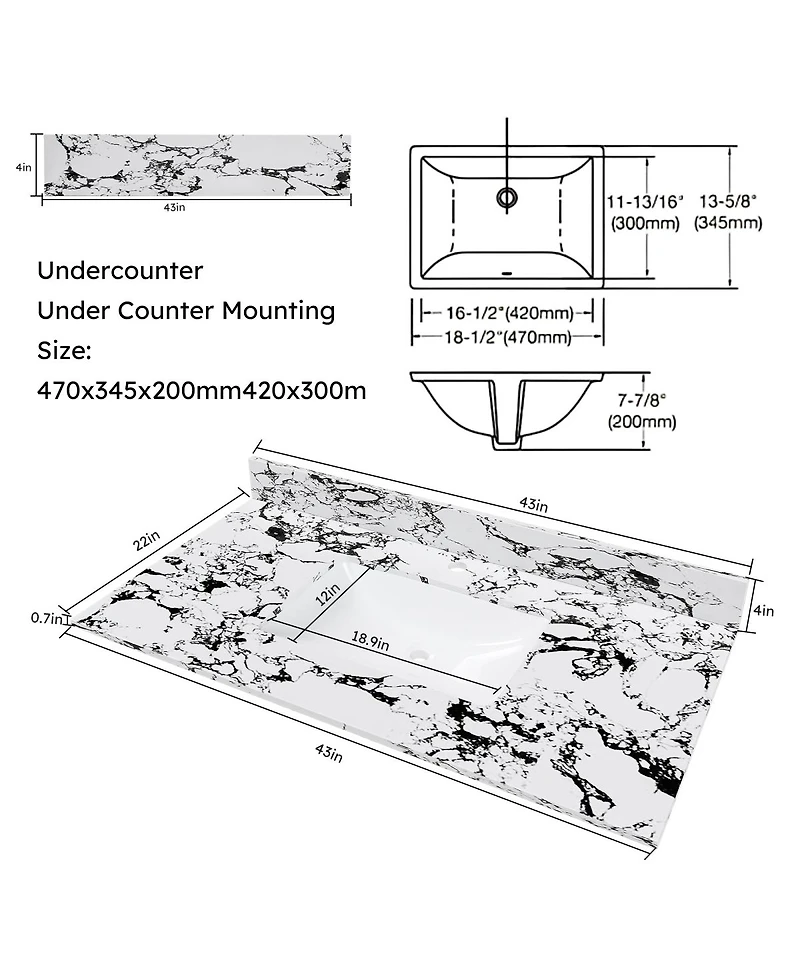 Sillysis 31/37/43 Inch Sintered Stone Bathroom Vanity Top with Ceramic Undermount Sink, Backsplash, Overflow, Stain Resistant Surface