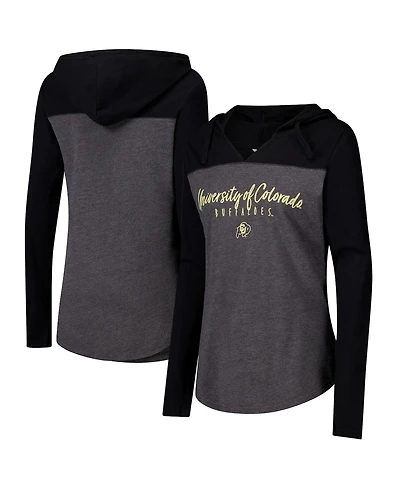 Camp David Women's Heather Charcoal Colorado Buffaloes Knockout Color Block Hooded V-Neck Long Sleeve T-Shirt