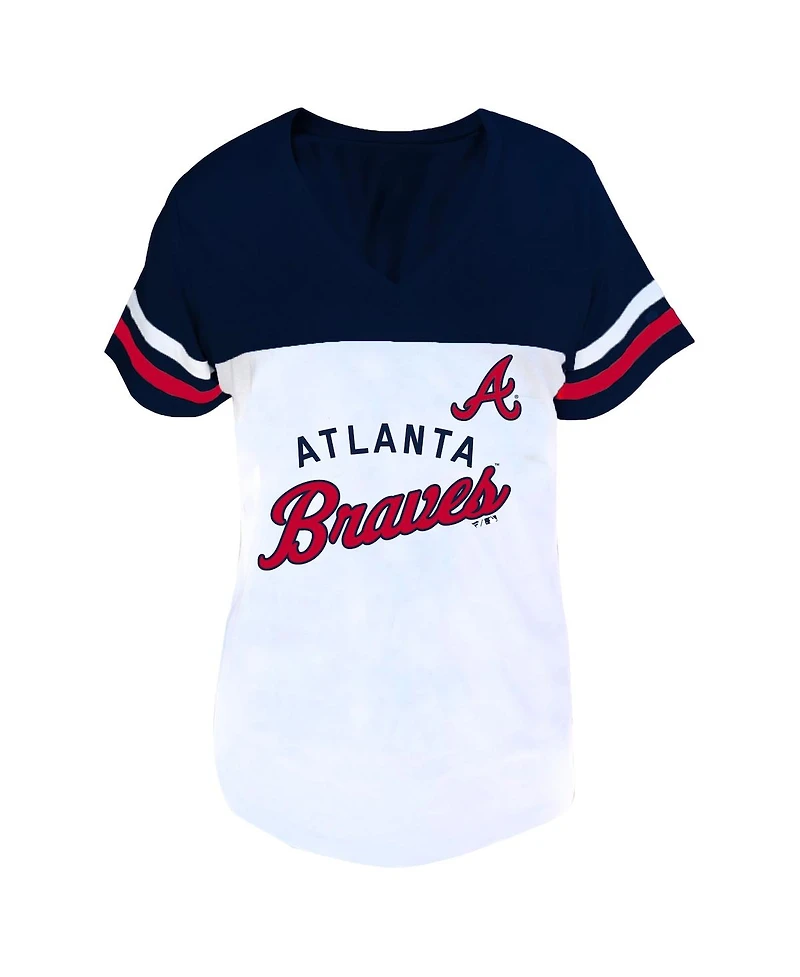 Fanatics Women's White/Navy Atlanta Braves Plus Two-Stripe V-Neck T-Shirt