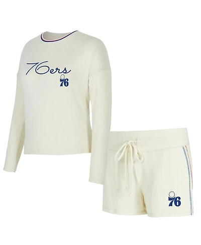 Concepts Sport Women's 2-Piece Cream Philadelphia 76ers Kaki Hacci Knit Long Sleeve Top and Shorts Set