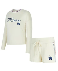 Concepts Sport Women's 2-Piece Cream Philadelphia 76ers Kaki Hacci Knit Long Sleeve Top and Shorts Set