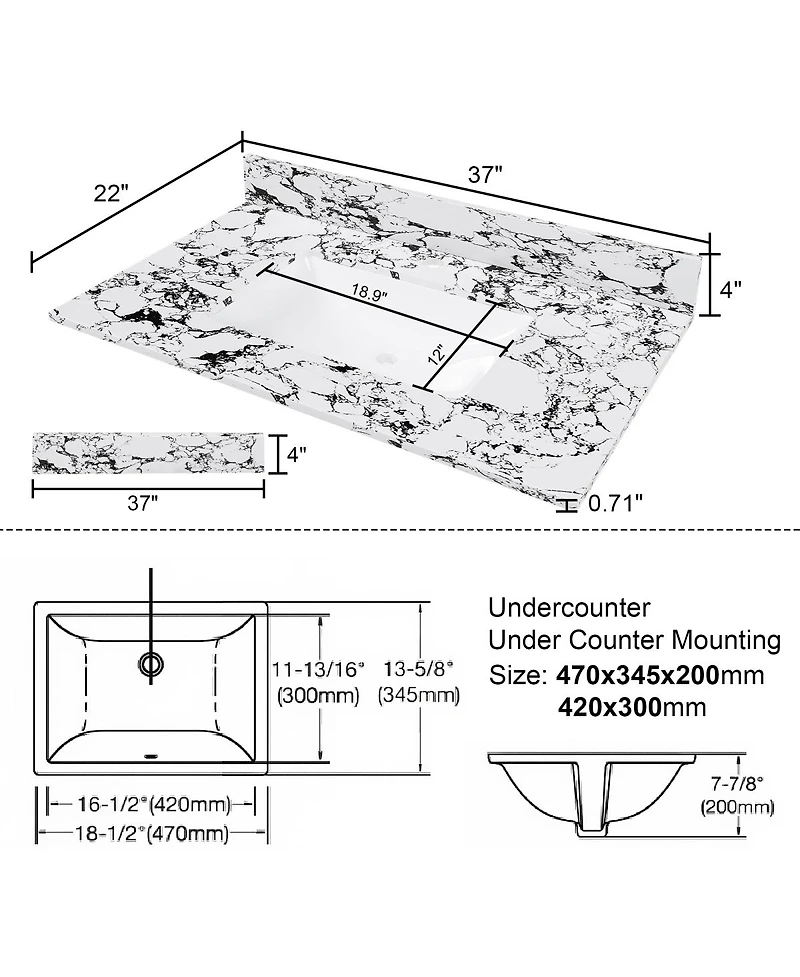 Sillysis 31/37/43 Inch Sintered Stone Bathroom Vanity Top with Ceramic Undermount Sink, Backsplash, Overflow, Stain Resistant Surface