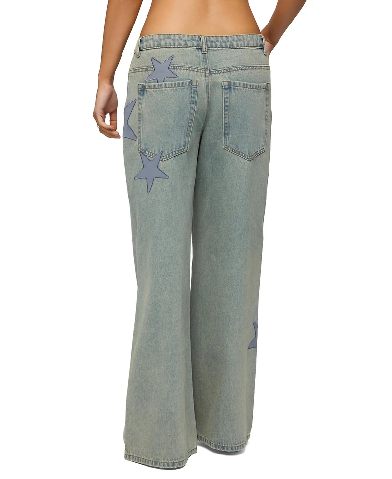 Edikted Women's Trish Satin Effect Stars Low Rise Jeans