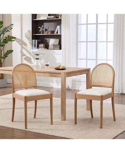 Rainsken Rattan Dining Chairs Set of 2, Upholstered Teddy fabric Dining Room Chairs, Wood Frame, for Dining Room/Kitchen/Living Room