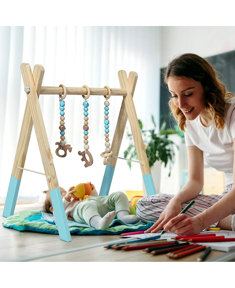 Costway Toddler Wooden Gym with 3 Wooden Teething Toys Hanging Bar