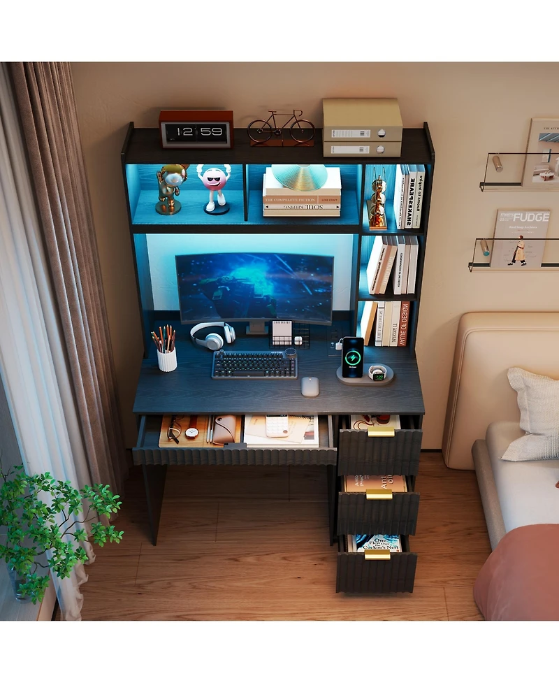 Vlsrka Computer Desk With Bookshelves And Led Lighting