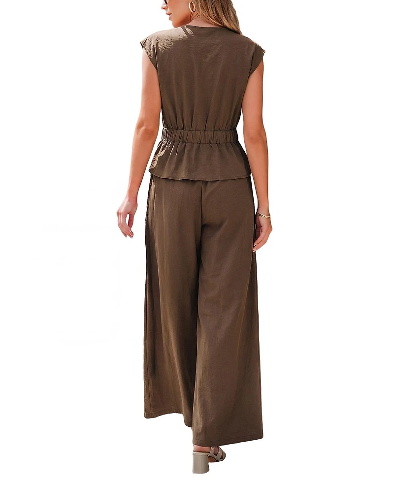 Cupshe Women's Wrap V-Neck Sleeveless Top and Wide-Leg Pants Matching Set