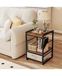 Gymax 2 Pcs Nightstand Industrial Bedside Table w/ Open Storage Shelf and Fabric Drawer