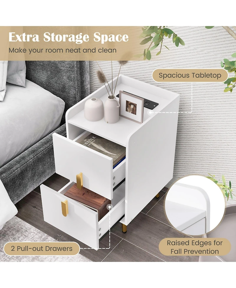 Gymax Set of 2 Nightstand w/ Charging Station Home Bedside Sofa Side Tables w/ 2 Drawers Cafe