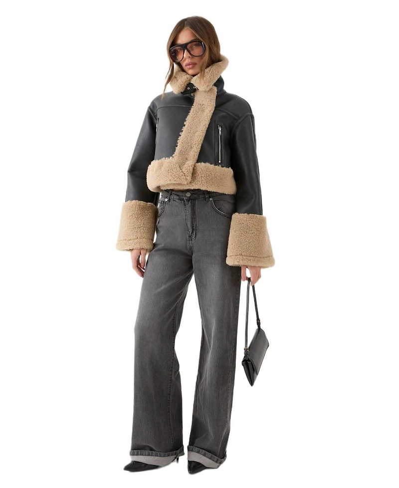 MissPap Women's Faux Fur Trim Aviator Jacket