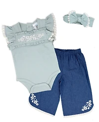Baby Mode Girls' Short-Sleeve Bodysuit, Denim Pant and Headband, 3-Piece Set