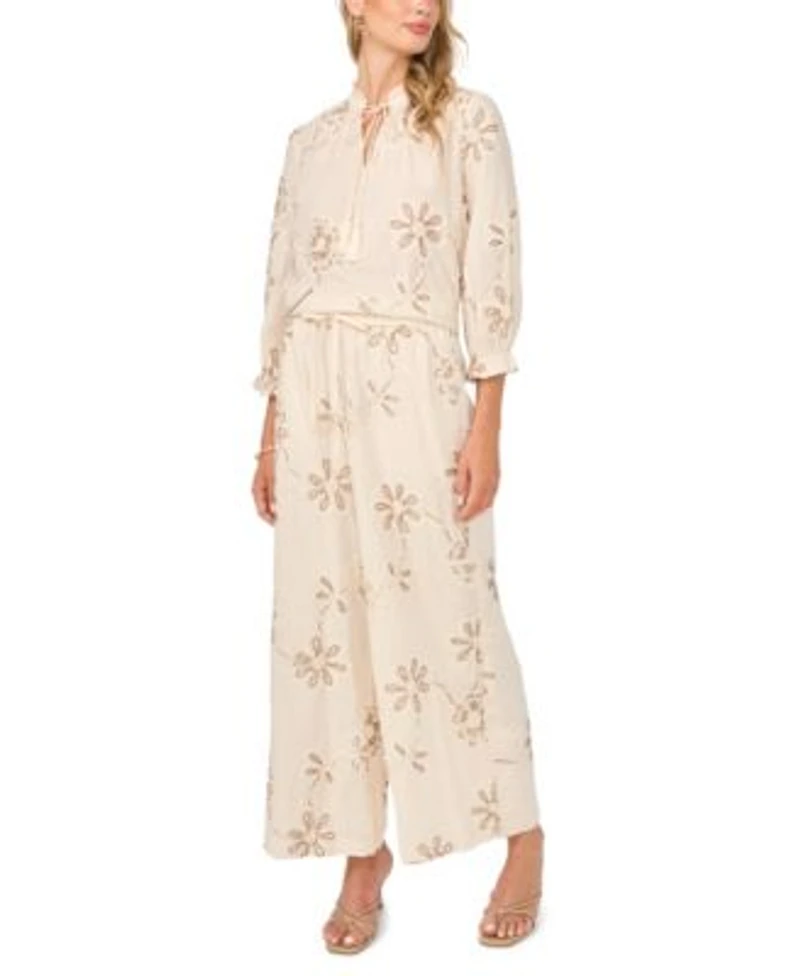 Vince Camuto Womens Embroidered Cotton Split Neck Top Angled Hem Elastic Waist Pants