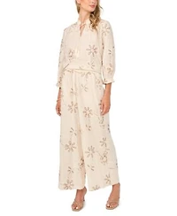 Vince Camuto Womens Embroidered Cotton Split Neck Top Angled Hem Elastic Waist Pants