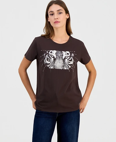 Guess Women's Tiger Eyes Graphic Crewneck Cotton Easy T-Shirt