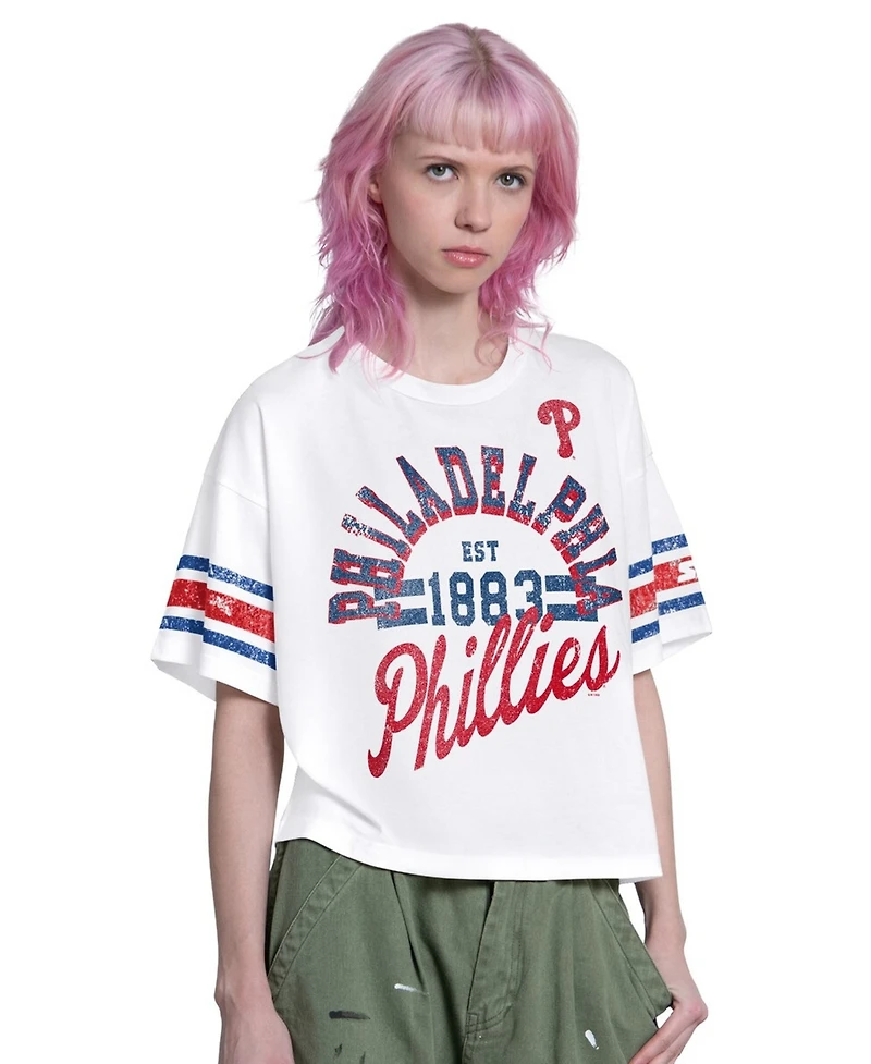 Starter Women's White Philadelphia Phillies Cropped Hurry Up Offense T-Shirt