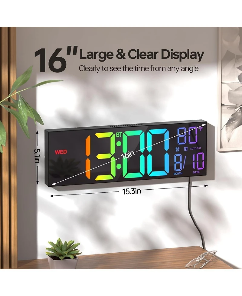 Jall Digital Wall Clock with Bluetooth Time Sync Remote Control Auto Dst Temperature Night Light