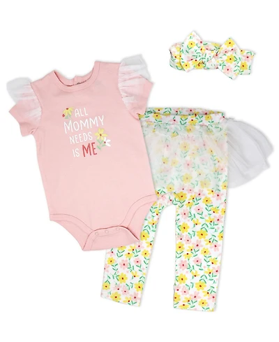 Baby Mode Girls' Short-Sleeve Bodysuit, Pant and Headband