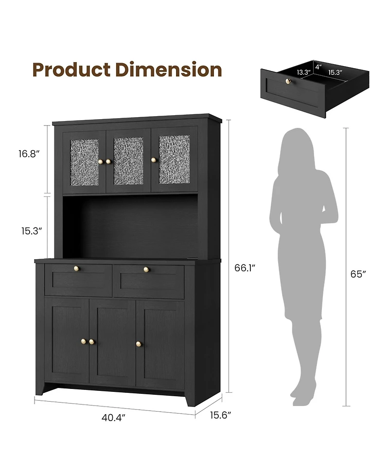homfan 66 Inch Tall Pantry Cabinet with Led Lights and Charging Station, Kitchen Hutch Coffee Bar Drawers Adjustable Shelves