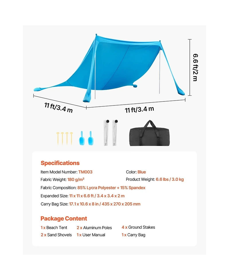 Cozito Beach Tent Sun Shelter 11 x 11 feet with Sandbags and Stability Poles