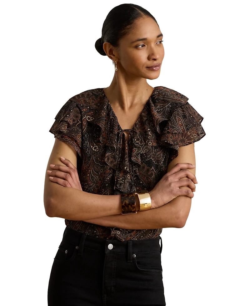 Lauren Ralph Petite Paisley Print V-Neck Georgette Blouse