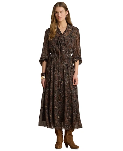 Lauren Ralph Petite Paisley Georgette Tie-Neck Tiered Dress