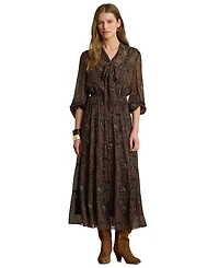 Lauren Ralph Petite Paisley Georgette Tie-Neck Tiered Dress