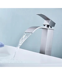 Phying Waterfall Spout Bathroom Sink Single Handle Faucet with Pop-Up Drain