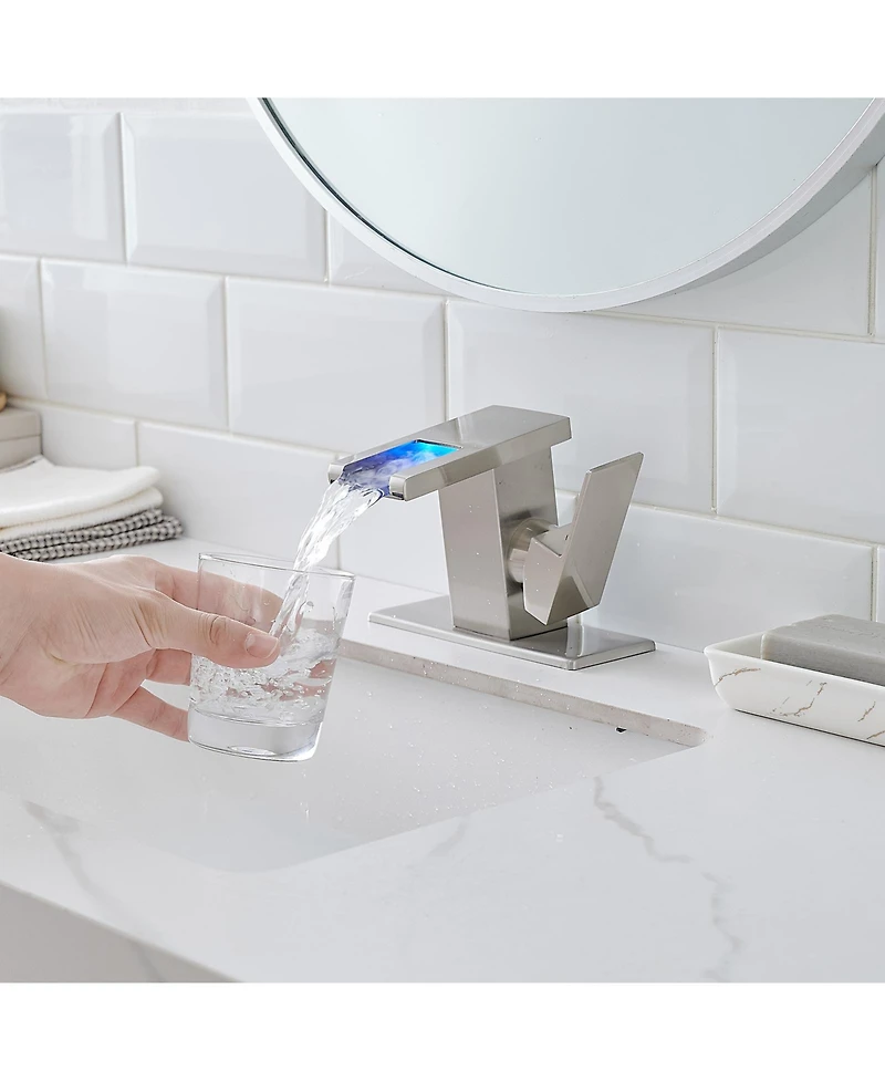Phying Bathroom Sink Faucet Led Light 3 Colors Changing Waterfall Glass Spout Hot Cold Water Mixer Single Handle One Hole Deck Mounted Bathroom Faucet