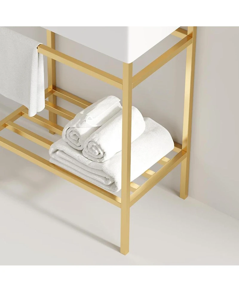 Sillysis Bathroom Vanity with Ceramic Integrated Sink, Metal Storage Shelf, Modern Freestanding Cabinet for Small Spaces