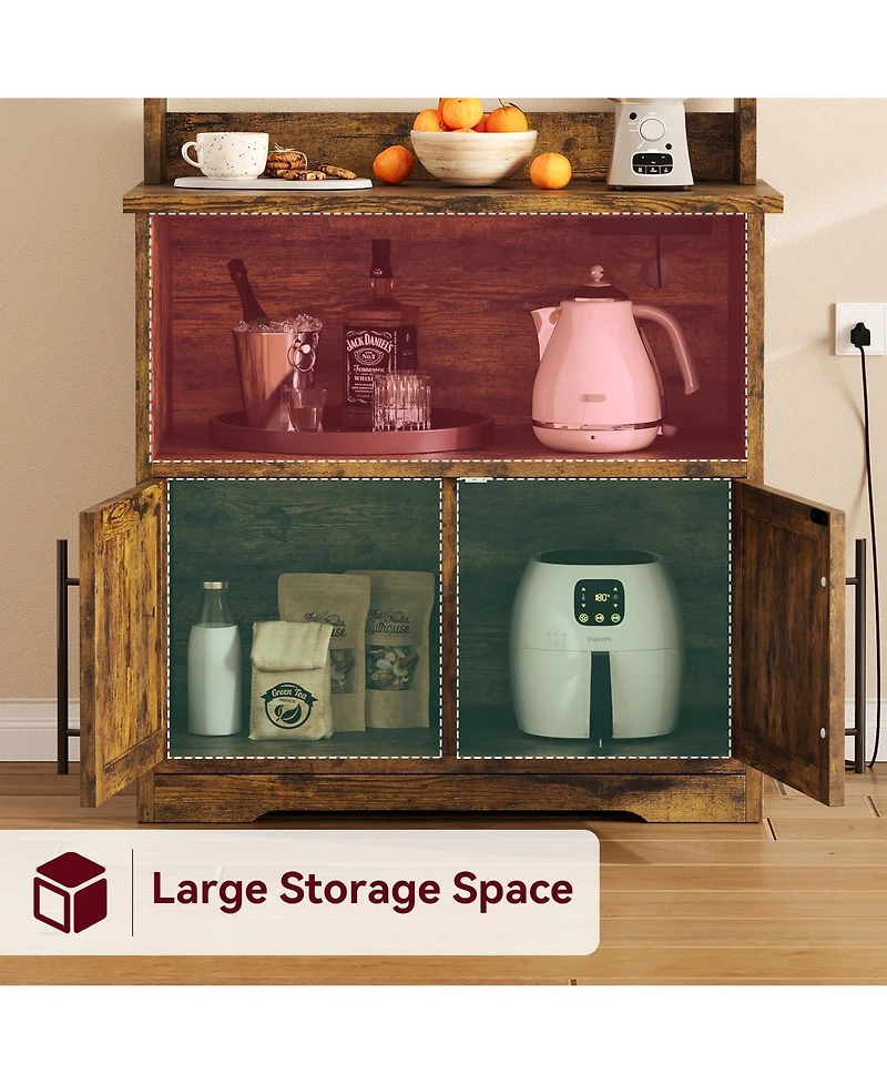 homfan Tall 3-in-1 Bakers Rack Microwave Stand, Engineered Wood Coffee Bar with Charging Station and Multi-Storage, Easy Assembly
