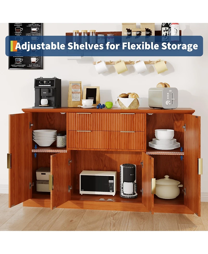 homfan Modern Fluted Sideboard Buffet Cabinet, 4 Doors and 2 Drawers, Adjustable Shelf, Storage Credenza for Dining Room or Living Room