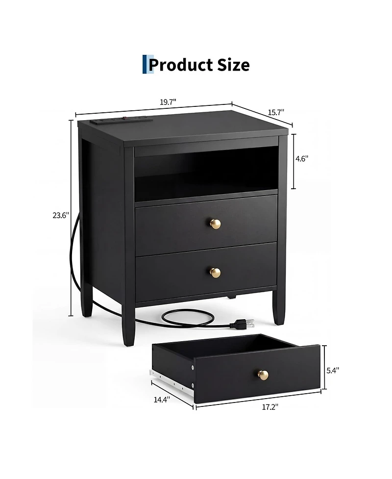 homfan Modern Nightstand with Charging Station, 2 Drawers and Open Shelf, Metal Knobs, Set Options, Multiple Finishes Sizes