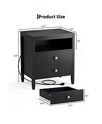 homfan Modern Nightstand with Charging Station, 2 Drawers and Open Shelf, Metal Knobs, Set Options, Multiple Finishes Sizes