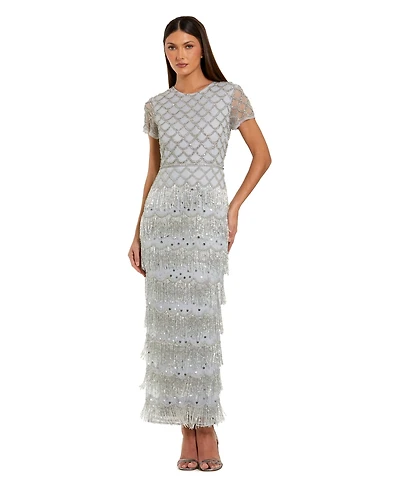 Mac Duggal Women's Fringe Embellished Mesh Maxi Dress