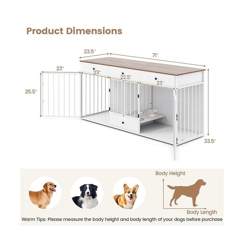 Ruie Indoor Dog Crate Kennel Furniture with Divider 3 Drawers and Pull-out Feeder