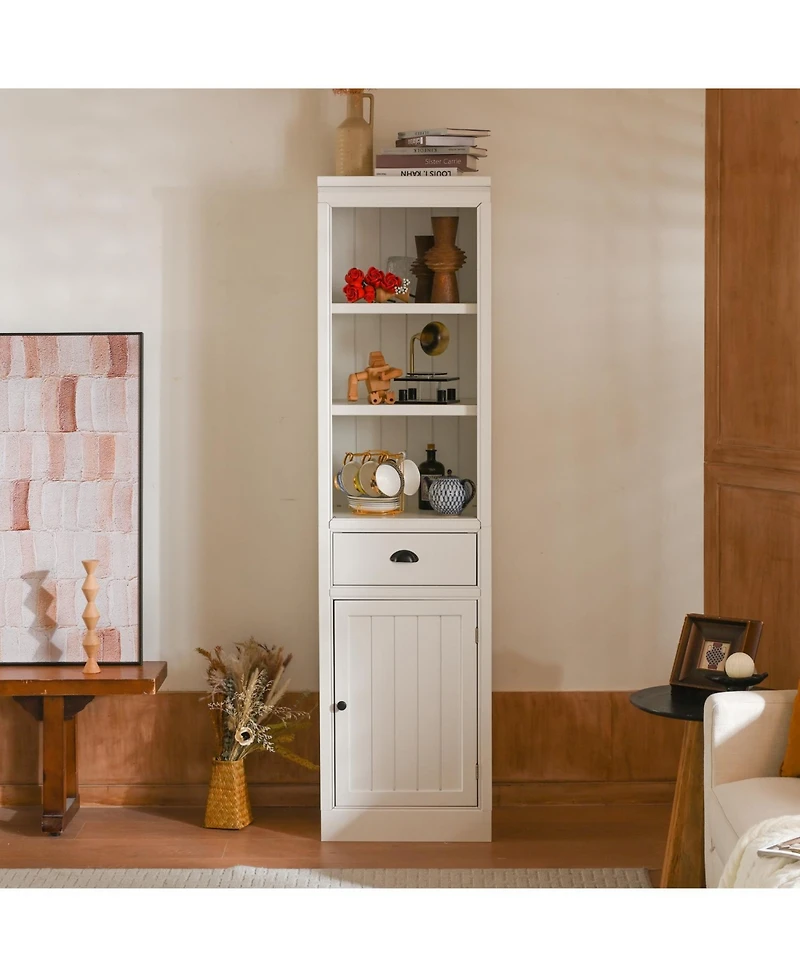 Rainsken 195 Narrow Bookshelf 5 Tier Modern Storage with Storage and Cabinet Wooden Organizer Pantry for Hallways Living Room Studio Workspace