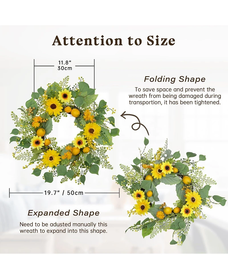 Gnuadz 19.7 " Lemon Sunflower Fern Wreath Silk Decor