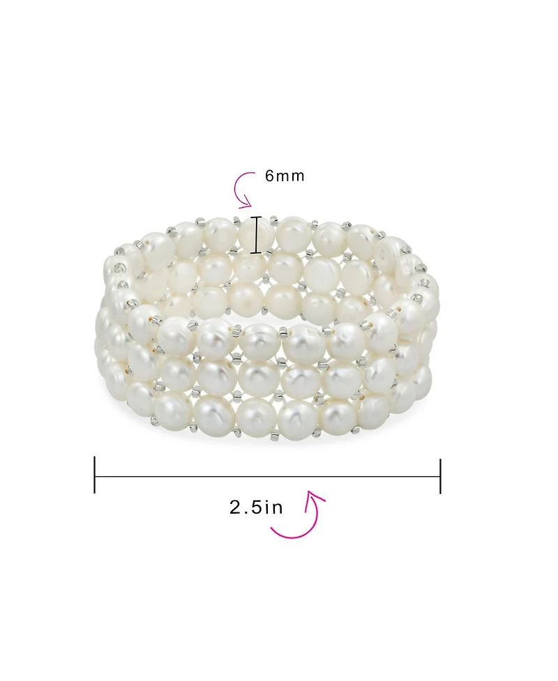 Bling Jewelry Triple Strand Wide White Button Style Freshwater Cultured Pearl Stretch Bracelet