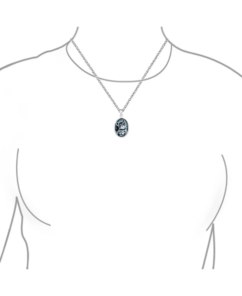 Bling Jewelry Cat Cameo Pendant Necklace Kitten Portrait Black Cz Two Tone .925 Sterling Silver