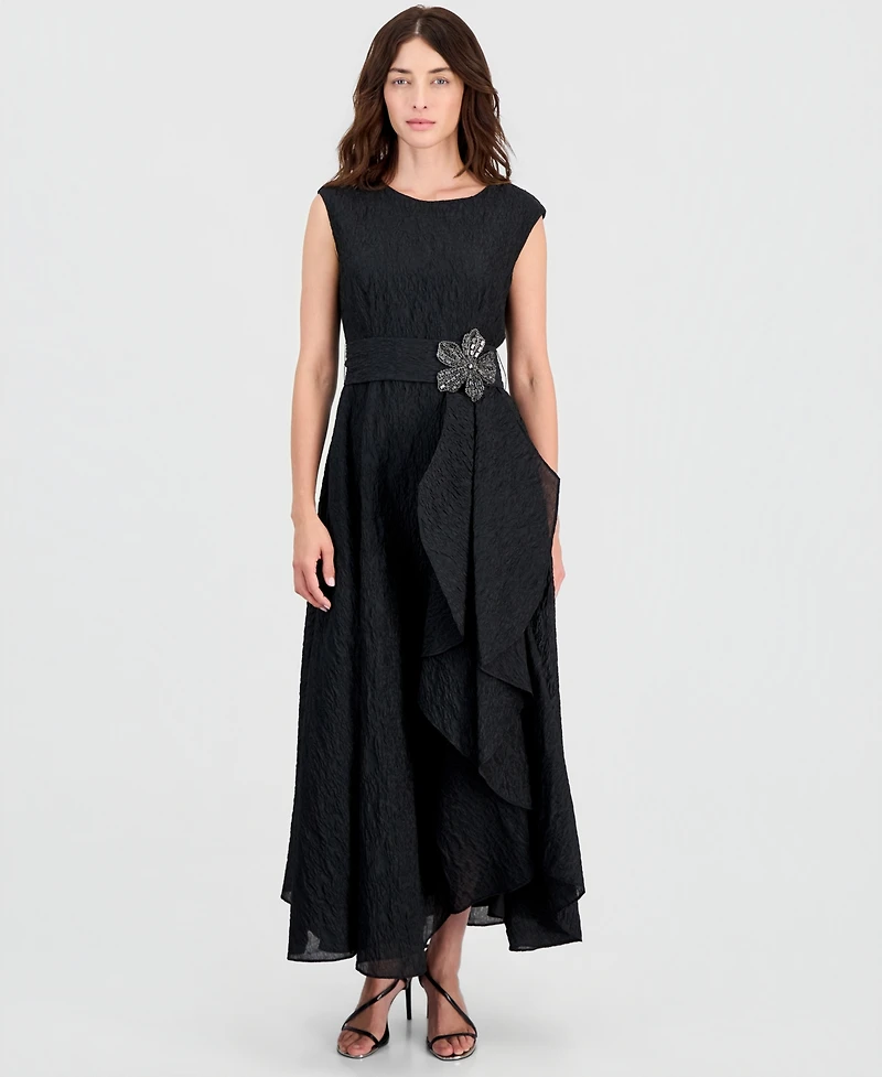 Tahari Asl Women's Boat-Neck Embellished Crinkle Taffeta Dress