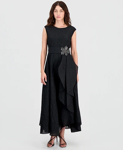 Tahari Asl Women's Boat-Neck Embellished Crinkle Taffeta Dress