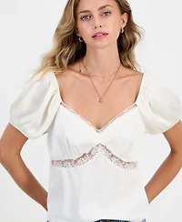 Celebrity Pink Juniors' Lace-Trim Satin Puff-Sleeve Top