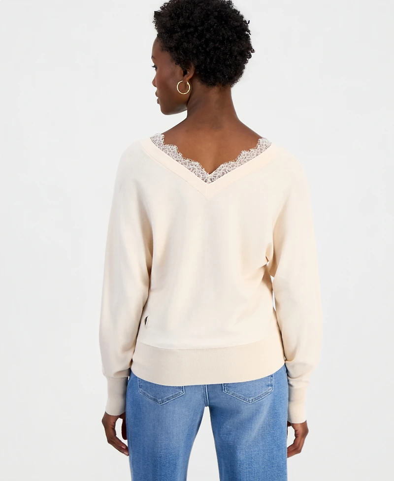 I.n.c. International Concepts Petite Lace Trim Double V-Neck Sweater, Macy's Exclusive