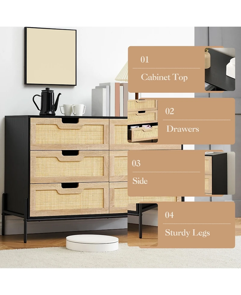 homfan Farmhouse Rattan 6-Drawer Dresser, Sturdy Engineered Wood Storage Cabinet with Metal Legs, Easy Assemble Multi-use Home Organizer