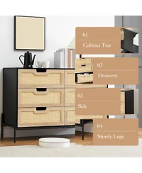 homfan Farmhouse Rattan 6-Drawer Dresser, Sturdy Engineered Wood Storage Cabinet with Metal Legs, Easy Assemble Multi-use Home Organizer