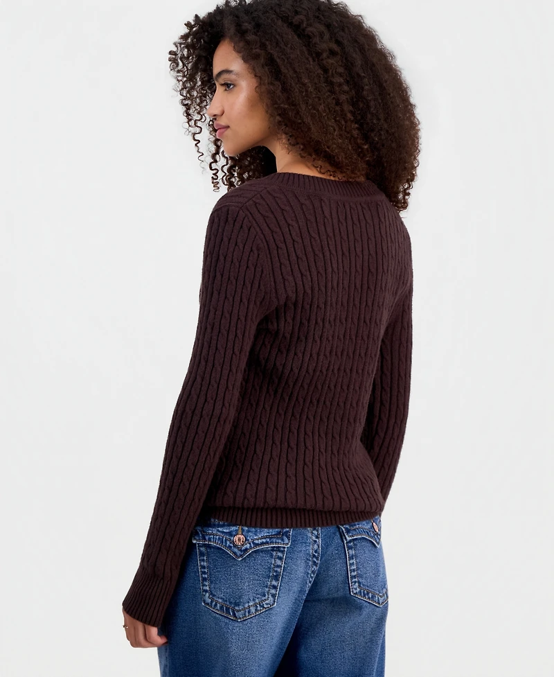 Madden Girl Juniors' Longline V-Neck Cable-Knit Sweater