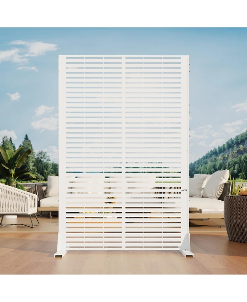 6x4FT Outdoor Metal Privacy Screen, Louvered Decorative Privacy Fence, Steel Garden Partition with Hooks and Ground Anchors